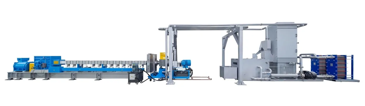 Long blue and white extrusion line on a white background
